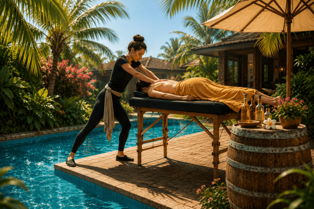 Praticienne en position de fente pour masser une cliente sur une table trop haute installée au bord d’une piscine.