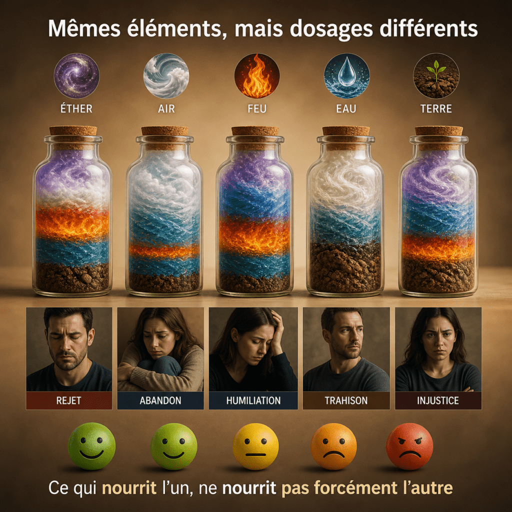Infographie illustrant différents dosages des cinq éléments ayurvédiques, associés à diverses blessures émotionnelles et réactions, pour montrer que chacun possède une sensibilité et un équilibre uniques.
