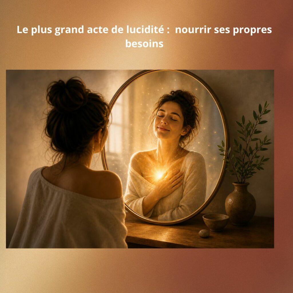 Illustration symbolique d’une femme se regardant dans un miroir avec une lumière au niveau du cœur, représentant la reconnaissance de soi, l’amour intérieur et le fait de nourrir ses propres besoins.