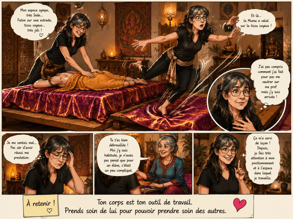 Illustration en bande dessinée montrant une praticienne en massage ayurvédique perdant l’équilibre sur un tissu satiné posé sur une estrade lors d’un exercice de formation.
