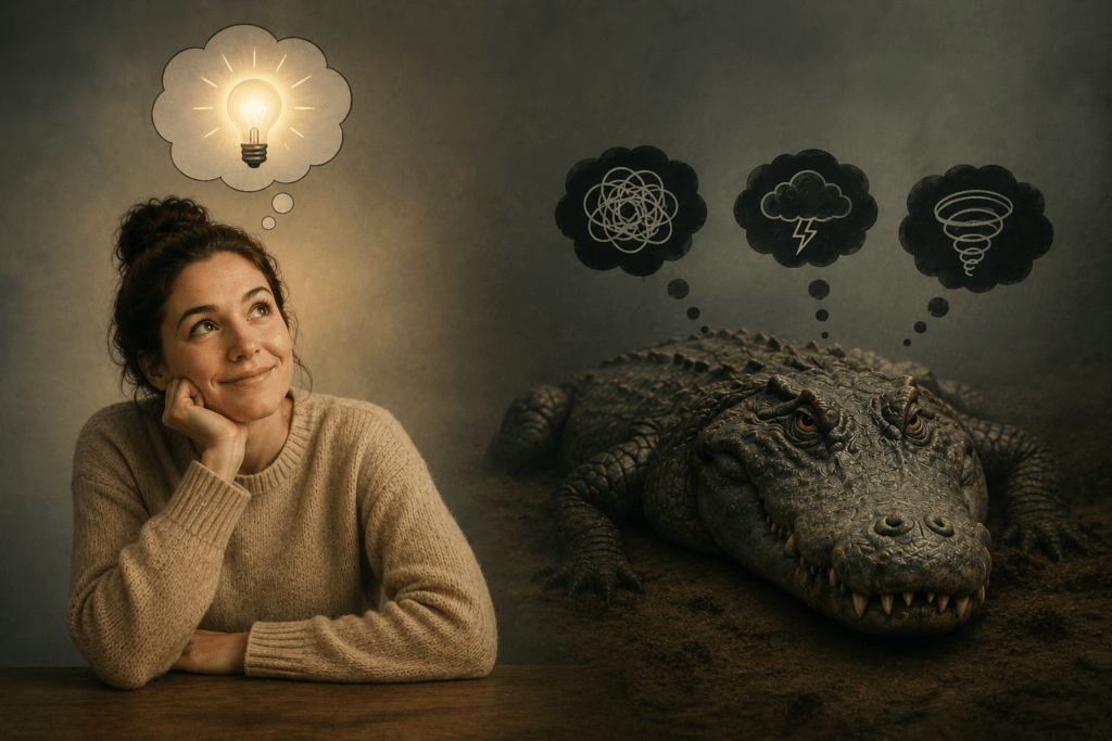Femme ayant une prise de conscience symbolisée par une ampoule lumineuse, face à un crocodile représentant les mécanismes inconscients, les doutes et les réflexes de protection.