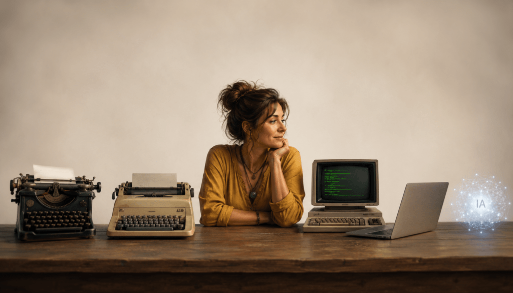 Illustration représentant une femme entourée de différents outils d’écriture à travers les époques : machine à écrire mécanique, machine à écrire électrique, ordinateur à écran vert, ordinateur portable moderne et intelligence artificielle.