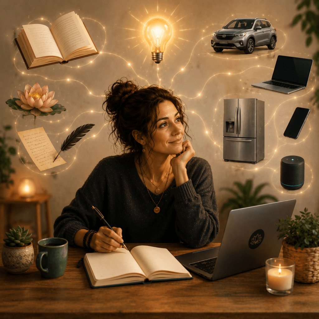 Femme assise à son bureau en pleine réflexion, entourée d'objets du quotidien et d'outils numériques. Des livres, des notes, un ordinateur, un téléphone et d'autres éléments symbolisent les idées, la créativité et les technologies qui l'accompagnent.
