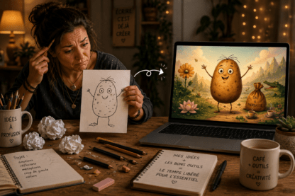 Femme tenant un dessin de bonhomme patate devant un ordinateur affichant une version illustrée et colorée du personnage, symbole du passage de l'idée à l'image grâce à un outil créatif.