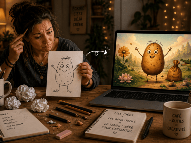 Femme tenant un dessin de bonhomme patate devant un ordinateur affichant une version illustrée et colorée du personnage, symbole du passage de l'idée à l'image grâce à un outil créatif.