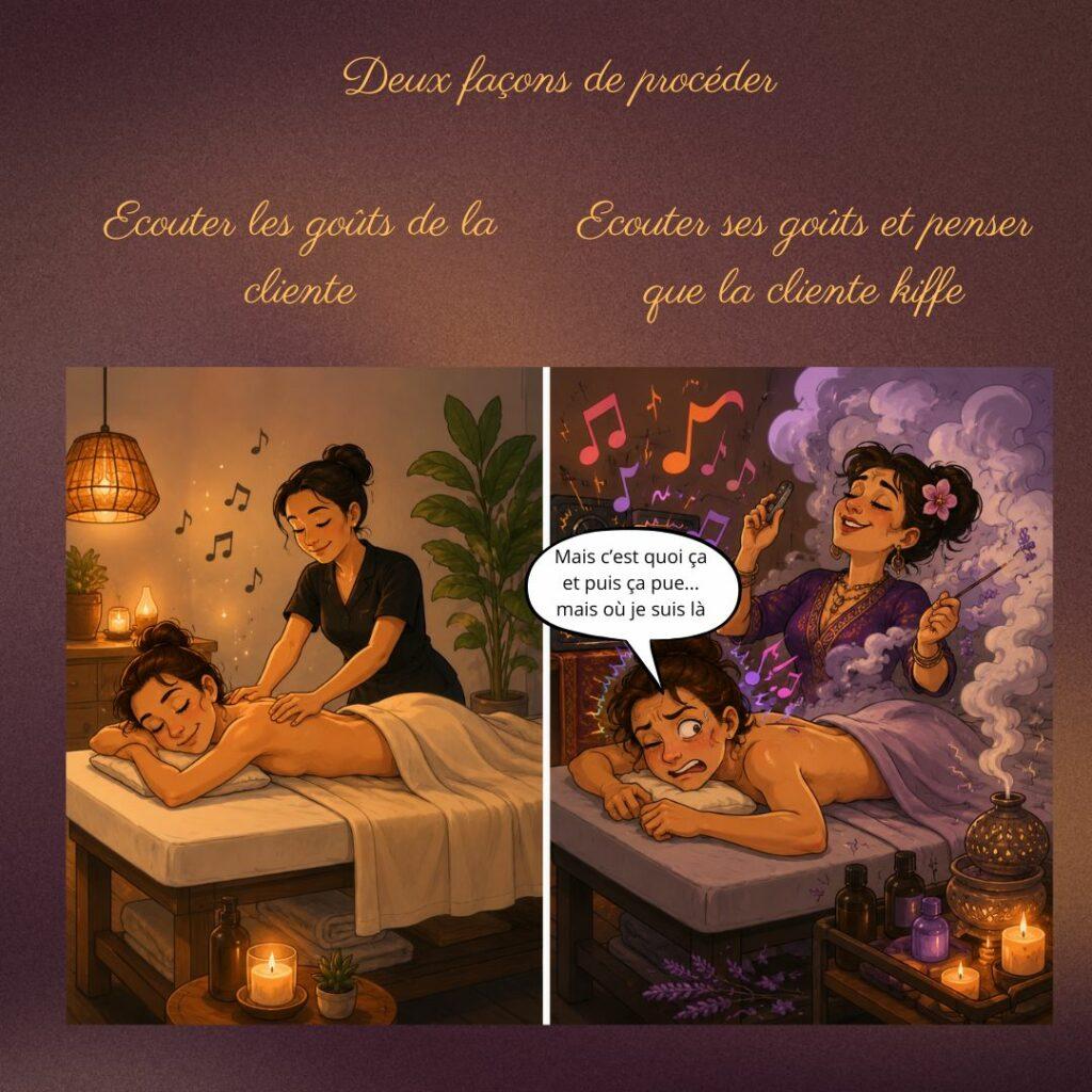 Illustration humoristique en deux parties comparant deux approches du massage. À gauche, une praticienne adapte l'ambiance aux préférences de sa cliente détendue. À droite, une praticienne impose une musique forte et des odeurs marquées, tandis que la cliente semble mal à l'aise et dépassée.