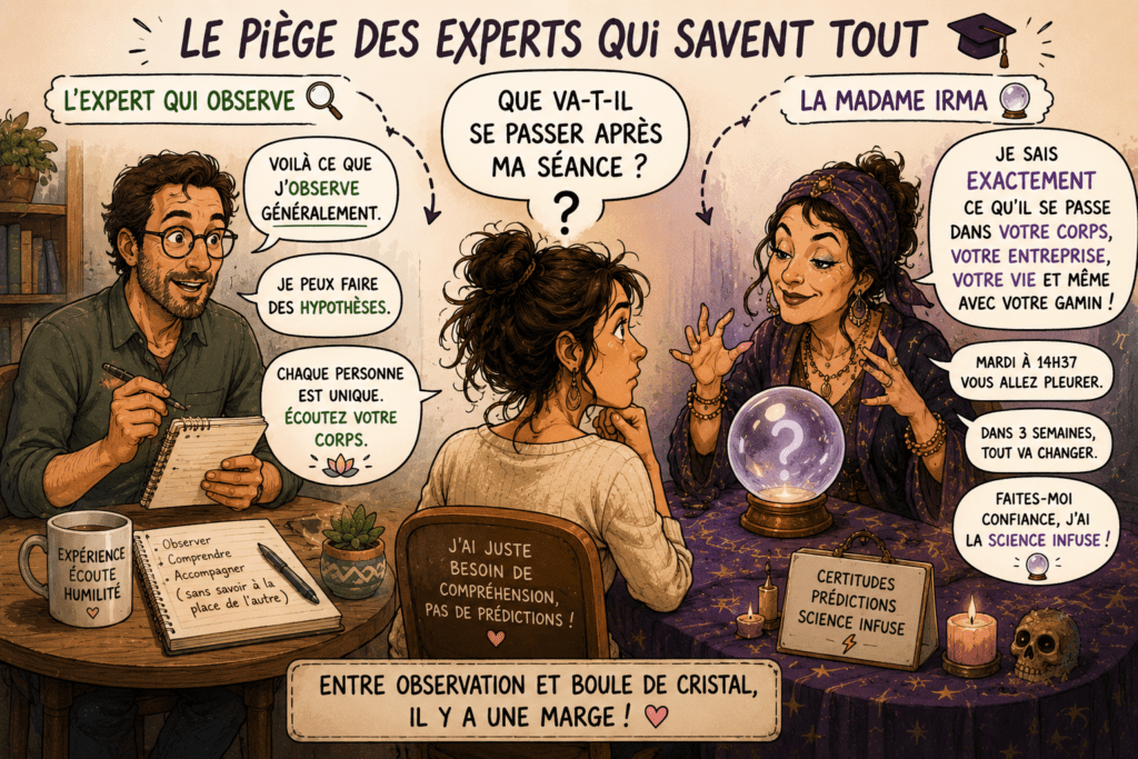 Illustration humoristique comparant un professionnel qui observe et formule des hypothèses à une voyante qui prétend tout savoir sur la vie, le corps et l'avenir d'une cliente.
