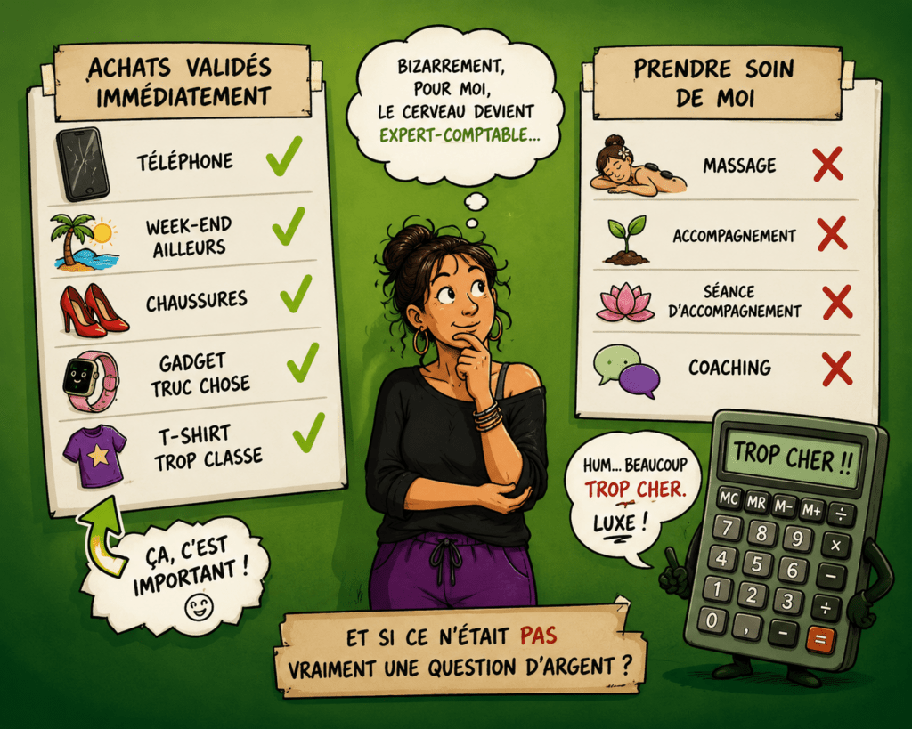 Illustration humoristique montrant une femme hésitante entre deux listes. À gauche, des achats validés immédiatement comme un téléphone, un week-end ou des chaussures. À droite, un massage, un accompagnement et une formation sont refusés par un cerveau devenu expert-comptable. L'image questionne le rapport entre argent, priorités et développement personnel.