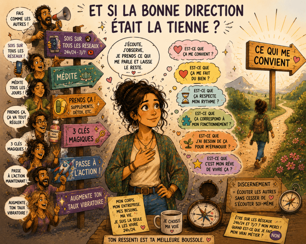 Illustration humoristique d'une femme entourée de panneaux contradictoires sur le développement personnel, la santé et les réseaux sociaux, choisissant finalement de suivre son propre chemin guidé par son ressenti.
