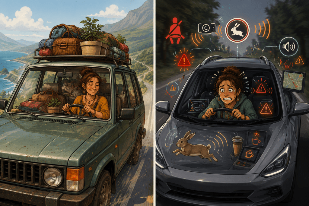 Illustration divisée en deux scènes montrant une femme détendue au volant d’une vieille voiture chargée de bagages, puis la même femme stressée dans une voiture moderne entourée d’alertes électroniques et de signaux sonores.