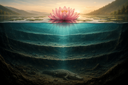 Lotus à la surface d’un lac, au-dessus de plusieurs couches immergées menant jusqu’à un crocodile au fond, symbole des prises de conscience et des mécanismes inconscients.