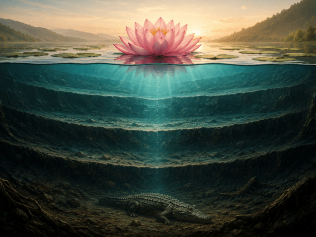 Lotus à la surface d’un lac, au-dessus de plusieurs couches immergées menant jusqu’à un crocodile au fond, symbole des prises de conscience et des mécanismes inconscients.