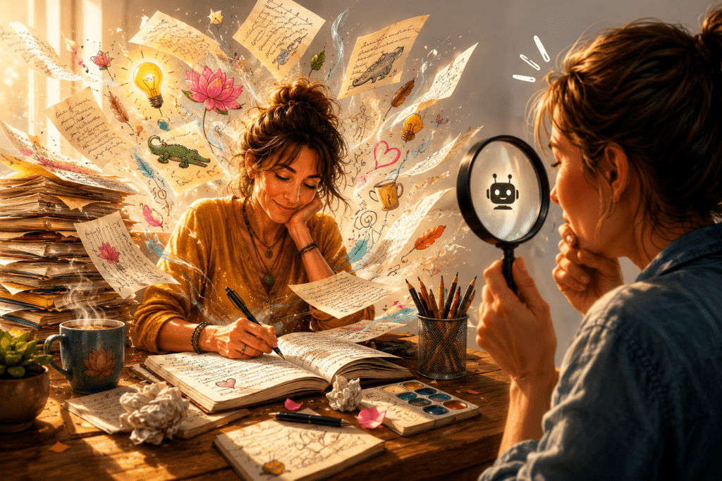 Illustration colorée représentant une femme en train d’écrire au milieu d’une multitude de feuilles, d’idées et de symboles créatifs, tandis qu’une autre personne observe uniquement un petit détail à travers une loupe.