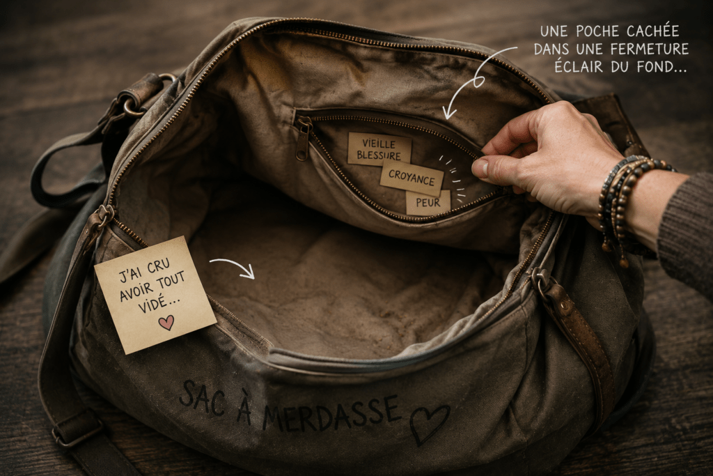 Sac presque vide ouvert sur une table, révélant une poche cachée contenant des papiers symbolisant une vieille blessure, une croyance et une peur encore présentes.