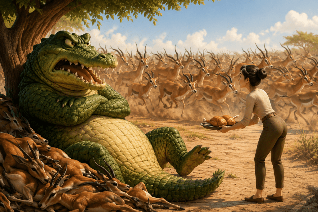Un énorme crocodile boudeur est assis devant un tas d'antilopes tandis qu'une femme lui présente un plateau contenant deux poulets. À l'arrière-plan, un troupeau d'antilopes traverse la savane.