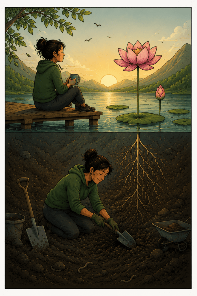Illustration de style BD représentant un lotus en fleur à la surface d'un lac. Sous l'eau, ses racines plongent dans la vase tandis qu'une femme travaille la terre avec une pelle. À la surface, la même femme contemple le paysage depuis un ponton. L'image symbolise le travail intérieur invisible qui nourrit la transformation personnelle.
