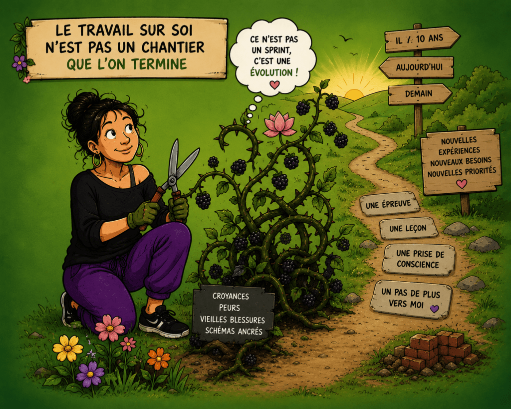 Illustration de style BD montrant une femme qui taille une ronce épineuse au milieu d'un jardin. Un chemin se dessine vers l'horizon tandis que des panneaux évoquent l'évolution, les expériences, les prises de conscience et les nouvelles étapes de vie. L'image symbolise le développement personnel comme un processus continu.