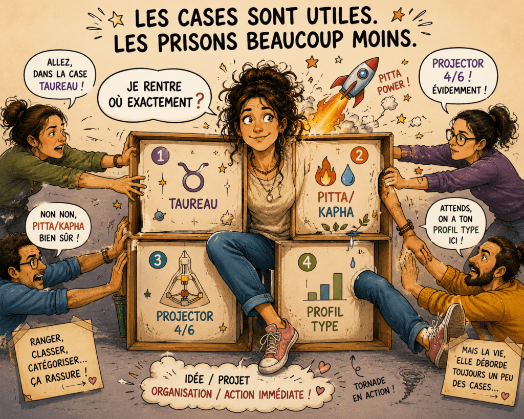 Illustration humoristique d'une femme qui dépasse de plusieurs cases représentant l'astrologie, l'Ayurveda, le Human Design et les profils types, tandis que plusieurs personnes tentent de la faire entrer dans une seule catégorie.