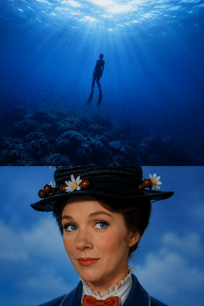 Montage en deux parties : en haut, une plongeuse évolue dans les profondeurs bleues de l'océan sous des rayons de lumière. En bas, le portrait souriant d'une femme inspirée de Mary Poppins portant un chapeau fleuri.