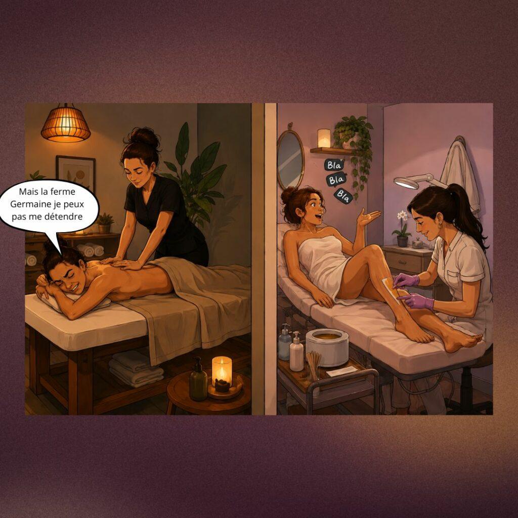 Illustration humoristique montrant une cliente recevant un massage dans une cabine tandis que, derrière une cloison, une autre cliente en séance d'épilation discute bruyamment avec son esthéticienne. La personne massée semble avoir du mal à se détendre.
