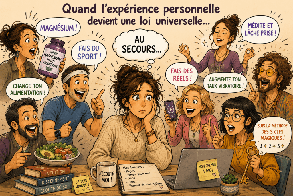 Illustration humoristique montrant une femme fatiguée entourée de personnes lui donnant des conseils contradictoires sur le sport, l'alimentation, la méditation, le magnésium et le développement personnel.