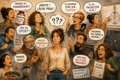 Illustration humoristique d'une femme entourée de personnes lui donnant des conseils contradictoires sur la santé, le développement personnel, l'astrologie et le travail.