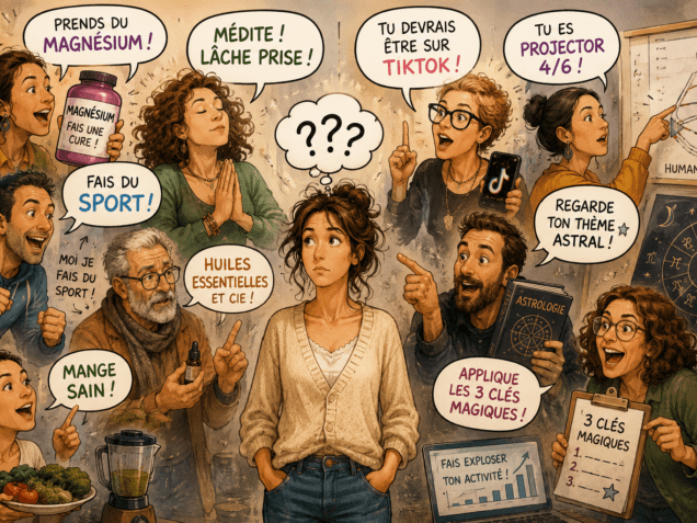 Illustration humoristique d'une femme entourée de personnes lui donnant des conseils contradictoires sur la santé, le développement personnel, l'astrologie et le travail.