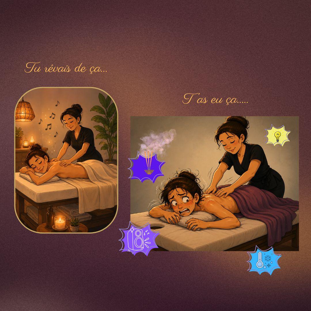 Illustration humoristique comparant l'image idéale d'un massage à une expérience beaucoup moins relaxante. À gauche, une cliente profite d'un massage dans une ambiance apaisante. À droite, une cliente reçoit un massage mais semble stressée par différents éléments comme le bruit, les odeurs, le froid ou la lumière.