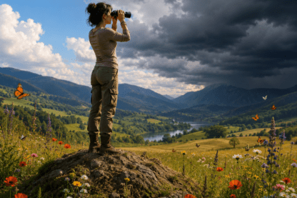 Femme debout sur une butte observant l'horizon avec des jumelles. Devant elle, une vallée paisible et fleurie tandis qu'un ciel sombre s'approche au loin, symbole de l'attente permanente des difficultés.