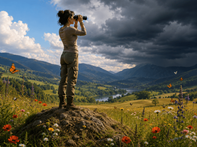 Femme debout sur une butte observant l'horizon avec des jumelles. Devant elle, une vallée paisible et fleurie tandis qu'un ciel sombre s'approche au loin, symbole de l'attente permanente des difficultés.