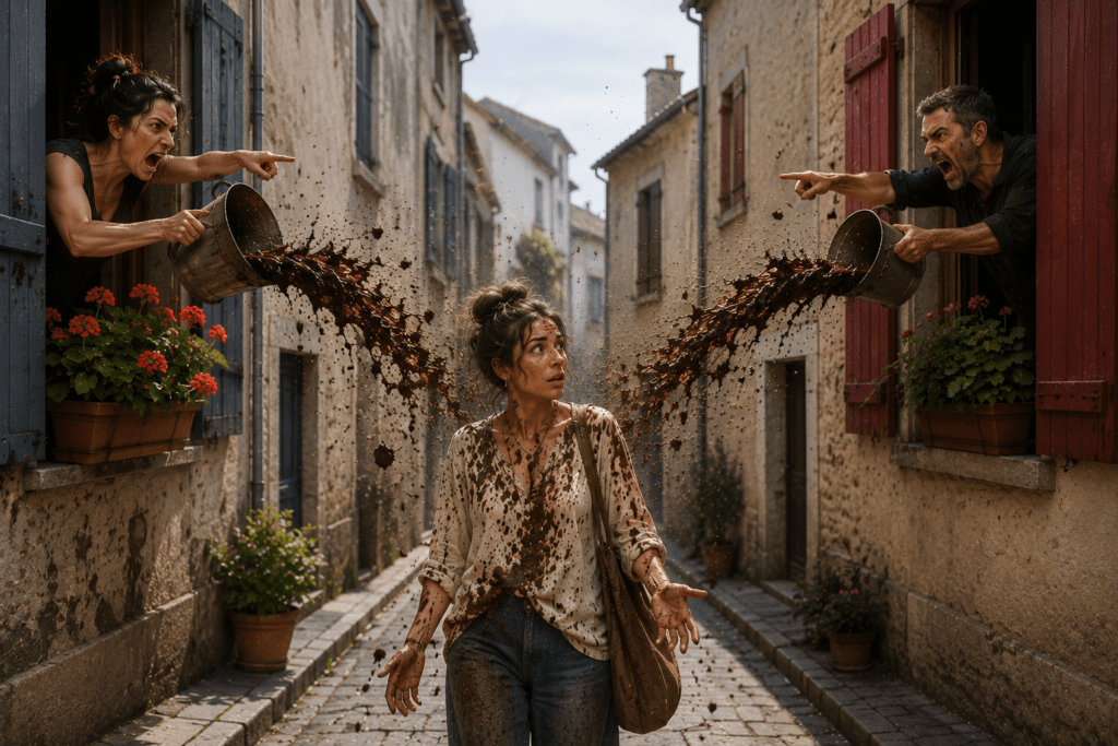 Illustration d'une femme marchant paisiblement dans une rue pendant que deux personnes en colère, se disputant d'une fenêtre à l'autre, projettent involontairement leur boue sur elle. Métaphore des décharges émotionnelles et de l'importance de s'adresser à la bonne personne.