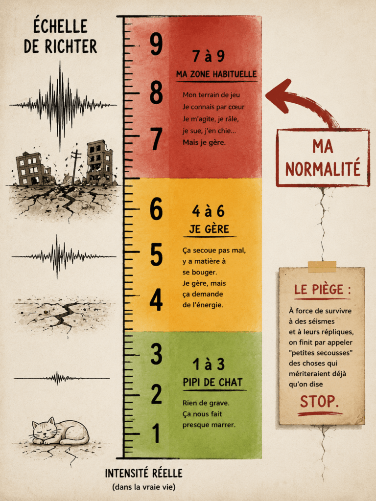 Infographie représentant une échelle de Richter en trois niveaux colorés, du vert au rouge, illustrant comment le seuil de tolérance aux difficultés peut progressivement devenir anormal sans que l'on s'en rende compte.