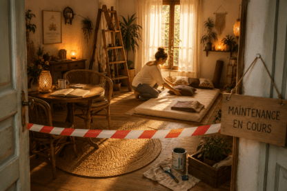 Femme réorganisant son espace bien-être avec futon et table de discussion, derrière une rubalise et un panneau « Maintenance en cours », symbole du besoin de poser ses limites et de prendre soin de soi.