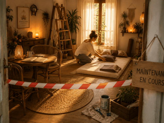 Femme réorganisant son espace bien-être avec futon et table de discussion, derrière une rubalise et un panneau « Maintenance en cours », symbole du besoin de poser ses limites et de prendre soin de soi.