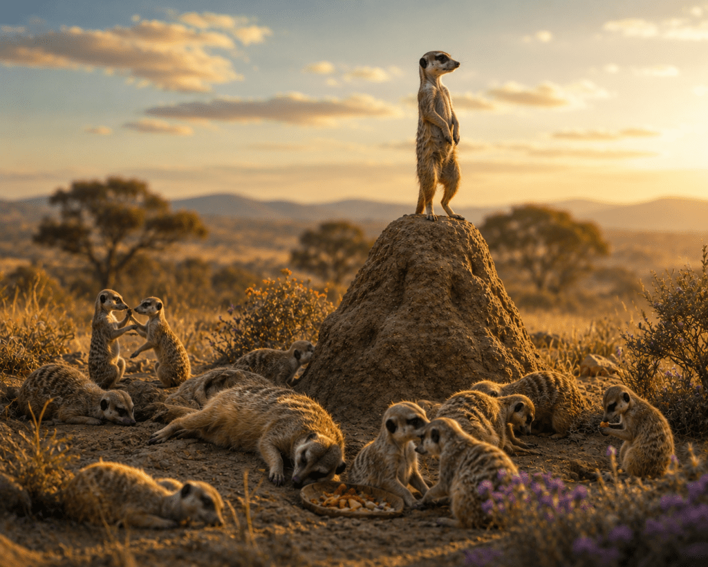 Un suricate monte la garde sur son monticule tandis que les autres suricates dorment, jouent et mangent paisiblement autour de lui. Illustration symbolisant la vigilance permanente face aux difficultés.