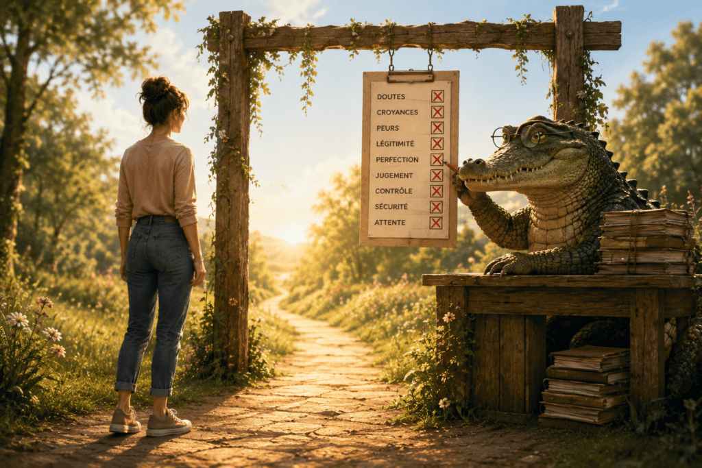 Une femme s'apprête à emprunter un chemin lumineux tandis qu'un crocodile coche une liste de doutes et de croyances avant de la laisser avancer.