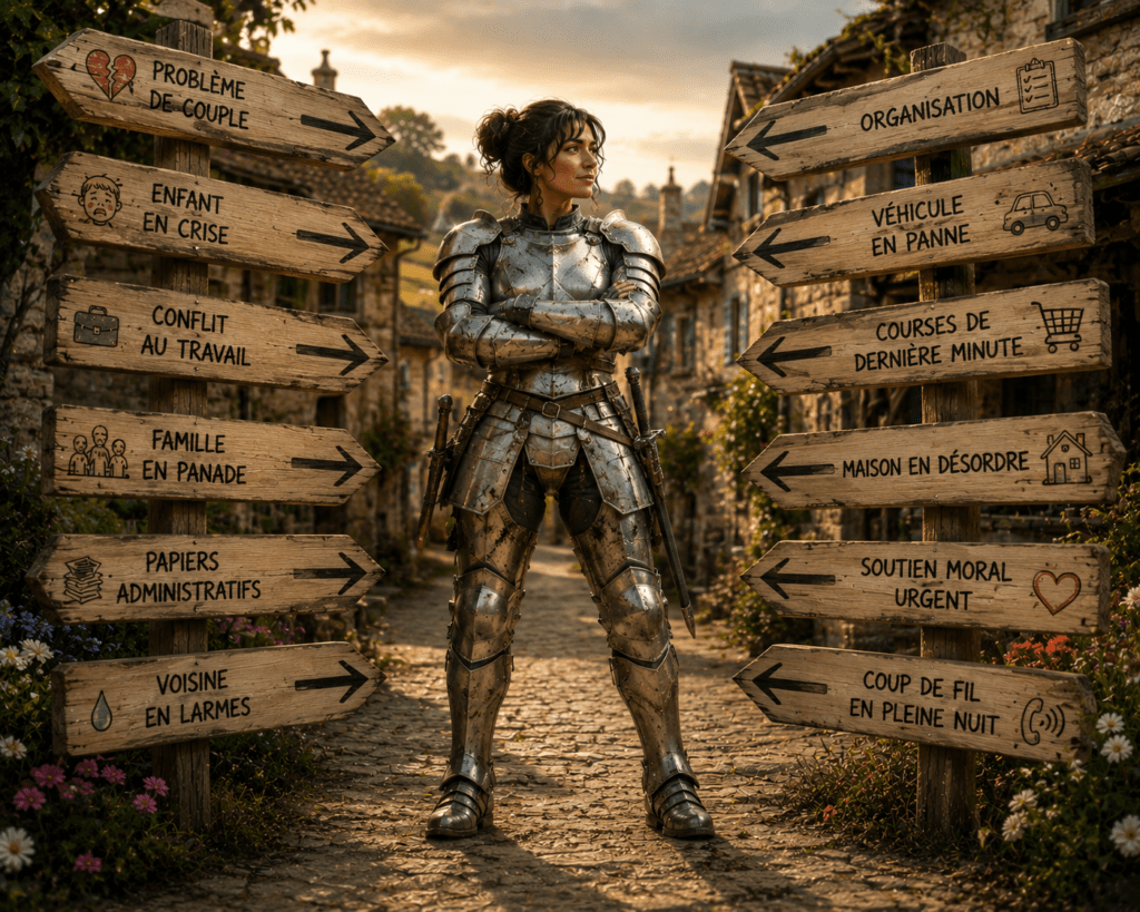 Femme en armure de métal argenté, marquée par les combats, debout au milieu d'un village. Tous les panneaux directionnels pointent vers elle avec des demandes d'aide, symbolisant la femme que tout le monde sollicite pour résoudre les problèmes.