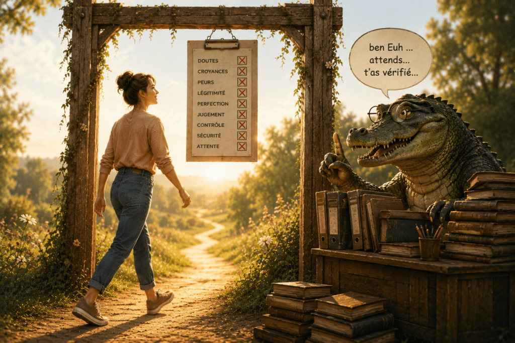 Une femme franchit un portique et avance vers un chemin lumineux tandis que son crocodile intérieur, entouré de livres et de dossiers, lui rappelle de vérifier tous les risques avant de partir.