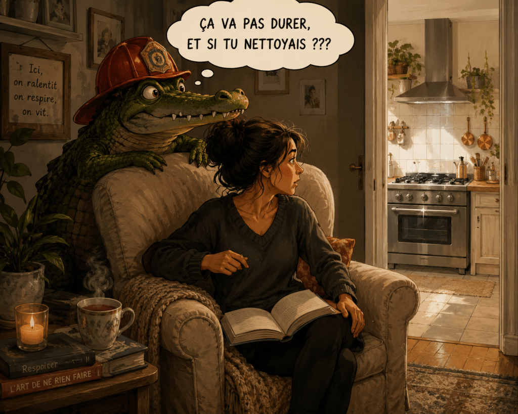 Illustration d'une femme installée dans un fauteuil avec un livre et une tasse de thé. Derrière elle, un crocodile portant un casque de pompier reste en alerte et lui suggère de nettoyer une gazinière pourtant déjà impeccable, symbolisant la difficulté à profiter du calme.