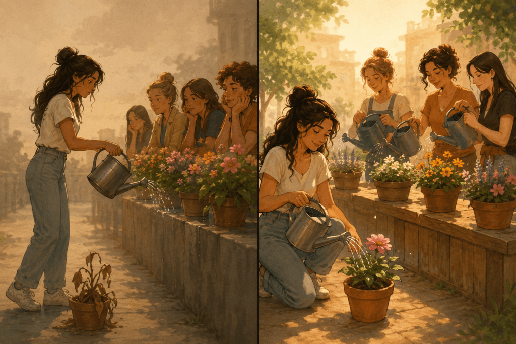 Illustration symbolique en deux parties montrant une femme qui arrose les fleurs des autres alors que la sienne se fane, puis la même femme qui prend soin de sa propre fleur tandis que chacun arrose la sienne.
