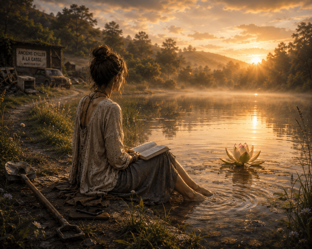 Illustration d'une femme assise au bord de son lac intérieur, les pieds dans l'eau, un livre sur les genoux. Une pelle et un téléphone sont posés derrière elle tandis qu'au loin apparaissent, flous, les anciens cycles laissés derrière elle. Métaphore du retour à soi, du silence et du besoin de prendre soin de soi.