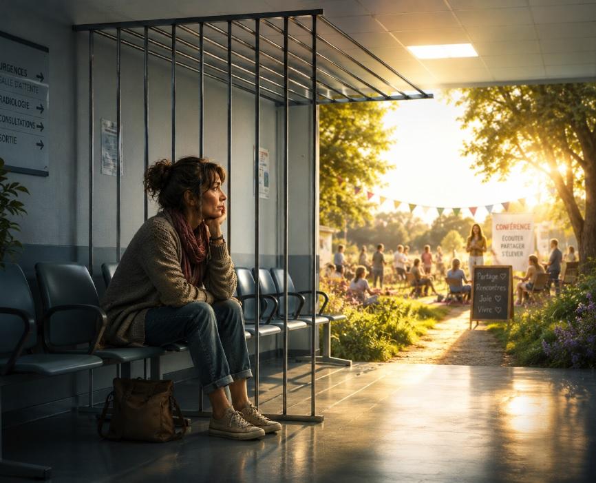 Femme assise dans une salle d'attente d'hôpital, derrière des barreaux ouverts, regardant une porte grande ouverte sur un événement en plein air baigné de lumière. Illustration symbolisant les prisons mentales et le choix de reprendre sa liberté.