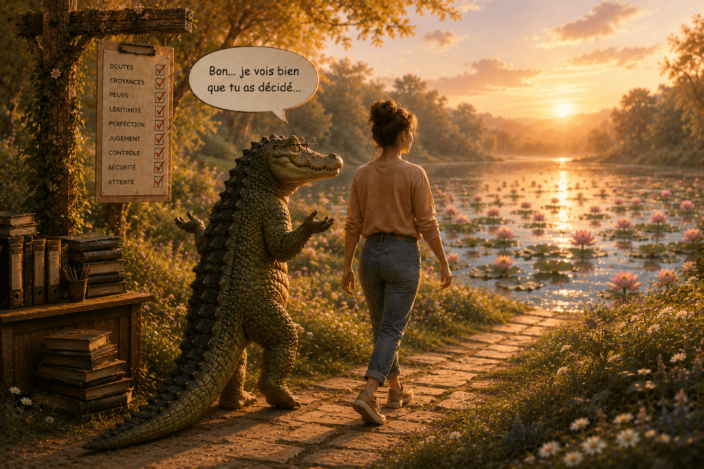 Une femme avance sereinement vers un lac couvert de lotus tandis que son crocodile intérieur, entouré de livres et de dossiers, l'accompagne avec bienveillance après avoir compris qu'elle a pris sa décision.