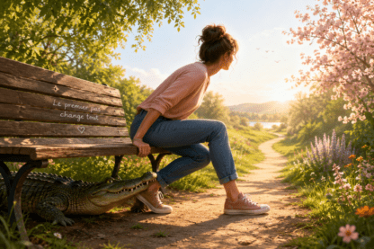 Femme prête à quitter un banc tandis qu'un crocodile retient sa cheville, symbole des peurs, des croyances limitantes et du premier pas vers le changement.