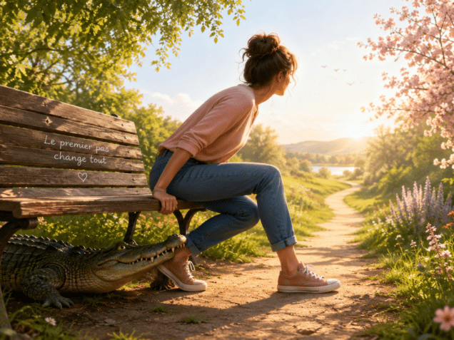 Femme prête à quitter un banc tandis qu'un crocodile retient sa cheville, symbole des peurs, des croyances limitantes et du premier pas vers le changement.