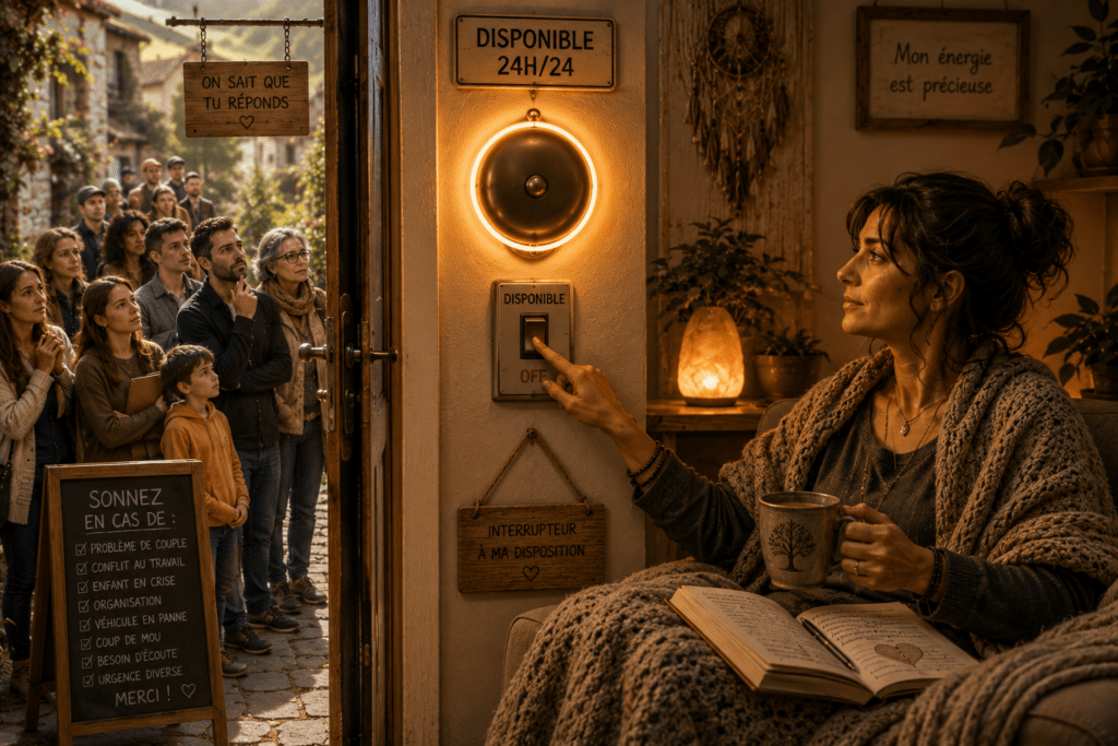 Femme assise chez elle, éteignant un interrupteur relié à une sonnette "Disponible 24h/24", tandis qu'une file de personnes attend devant sa porte. Illustration symbolisant le fait de poser des limites et de sortir du rôle de sauveuse.