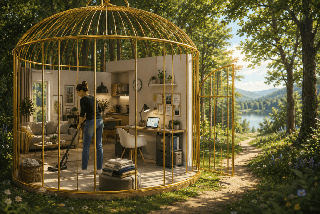 Femme faisant le ménage dans une maison moderne installée dans une cage dorée dont la porte est grande ouverte.