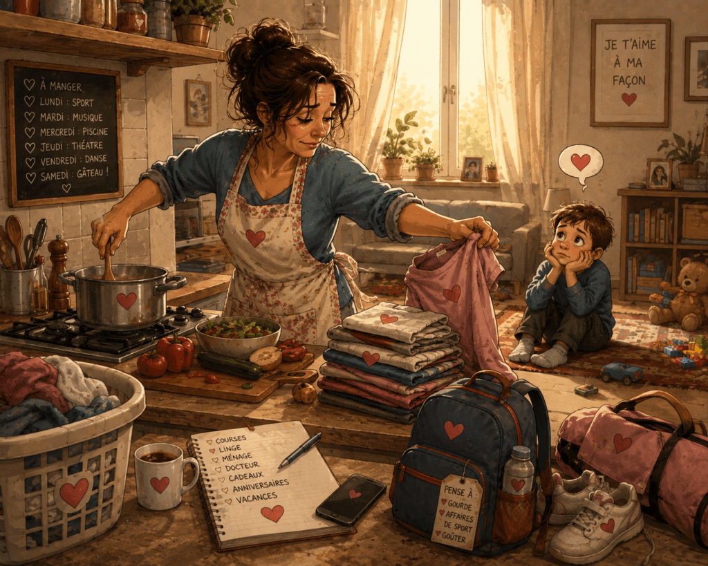 Une mère prépare le repas et s’occupe du linge pendant que son enfant attend un moment avec elle, entouré de petits cœurs.