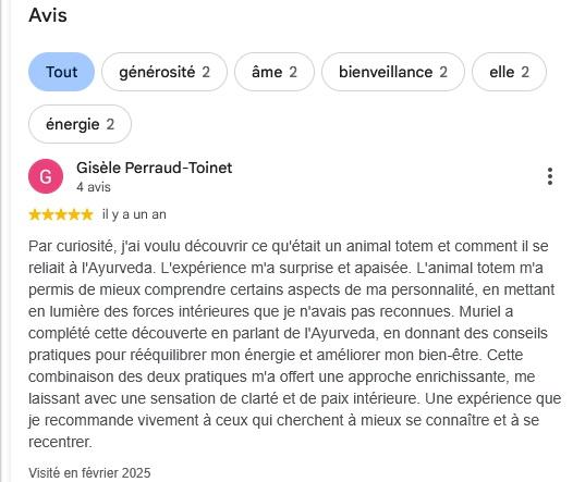 Avis Google 5 étoiles de Gisèle sur l’accompagnement Totem & Ayurveda de Muriel Depauw.