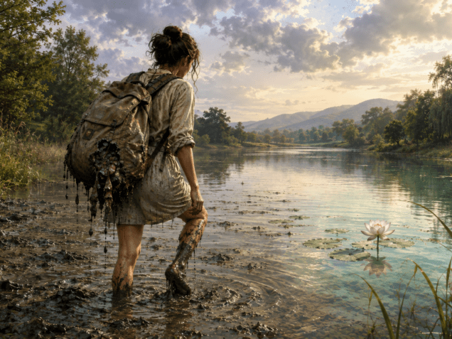 Femme avançant dans un lac boueux vers une eau plus claire et son lotus, avec un sac à dos rempli de poids émotionnels.